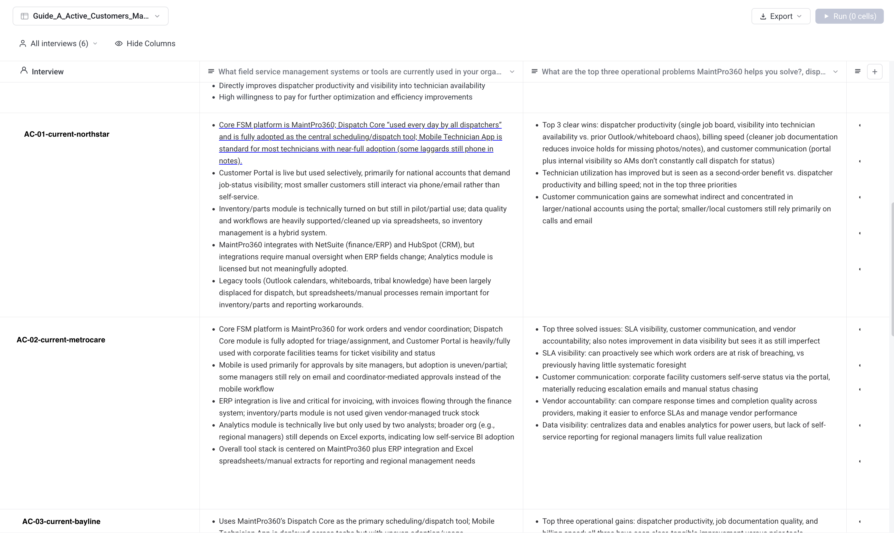 Analysis Grid with per-interview notes for each guide question and linked transcript evidence