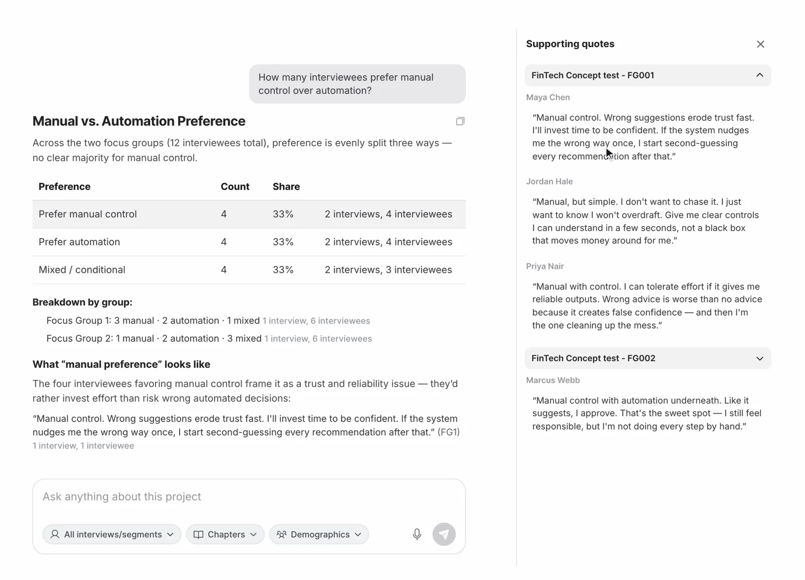 Interview analysis answer with a preference table and supporting quotes linked to the original focus-group transcripts