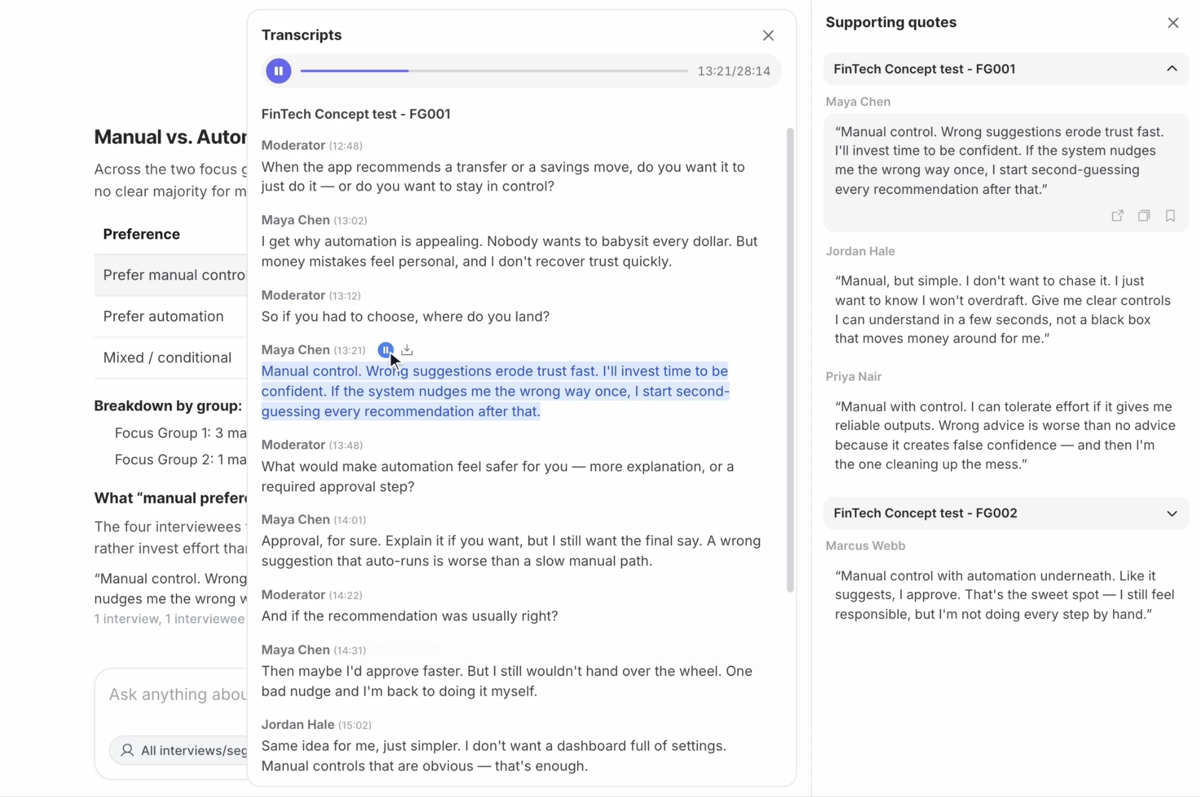 BTInsights transcript viewer opened from a supporting quote, with the exact passage highlighted and audio playback controls.